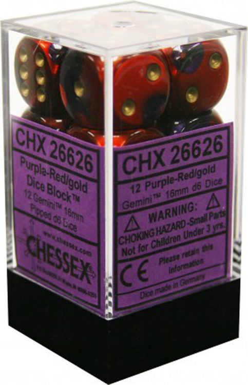 Chessex Dice - Gemini - 16mm D6 Dice Purple-Red/Gold Pips (12 count)