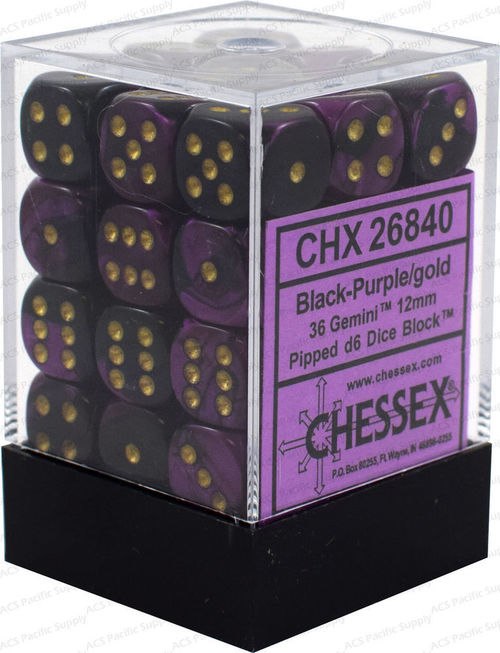 Chessex Dice - Opaque - 12mm D6 Dice Gemini Black and Purple/Gold Pips (36 count)