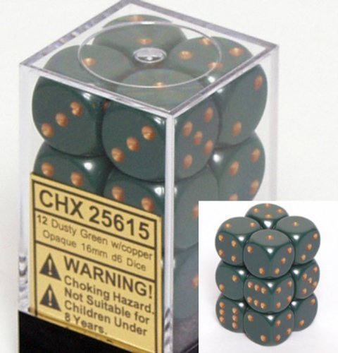 Chessex Dice - Opaque - 16mm D6 Dice Dusty Green/Gold Pips (12 count)
