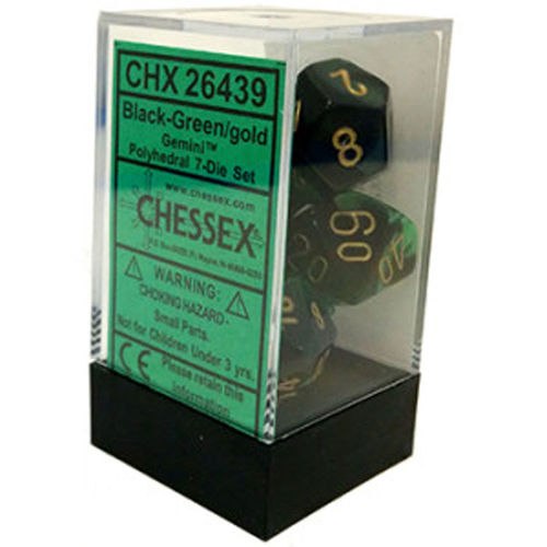 Chessex Dice - Opaque - 16mm Dice Gemini Black and Green/Gold Pips (set of 7)