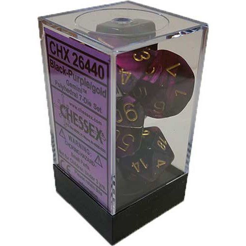 Chessex Dice - Opaque - 16mm Dice Gemini Black and Purple/Gold Pips (set of 7)