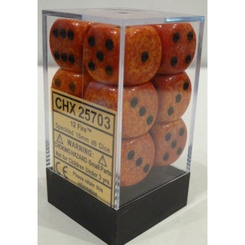 Chessex Dice - Speckled - 16mm D6 Dice Fire/Black Pips (12 count)