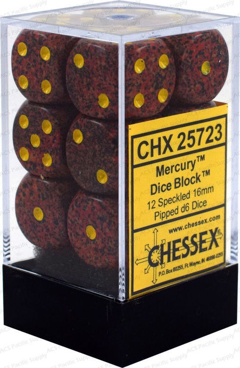 Chessex Dice - Speckled - 16mm D6 Dice Mercury/Yellow Pips (12 count)