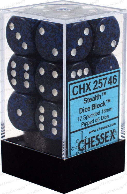 Chessex Dice - Speckled - 16mm D6 Dice Stealth/White Pips (12 count)