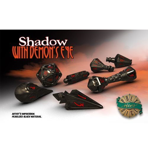 Polyhero Dice - Wizard Set - Black Shadow with Demon's Eye Red Pips  (Set of 7)