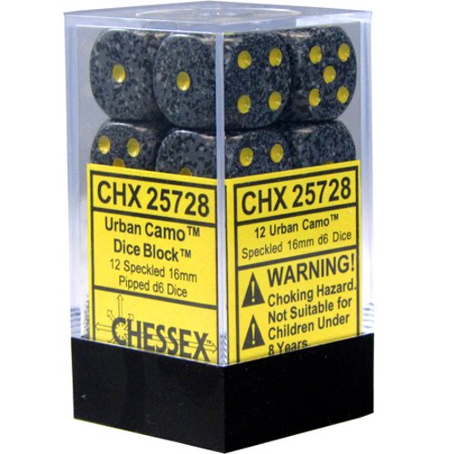 Chessex Dice - Speckled - 16mm D6 Dice Urban Camo/Yellow Pips (12 count)