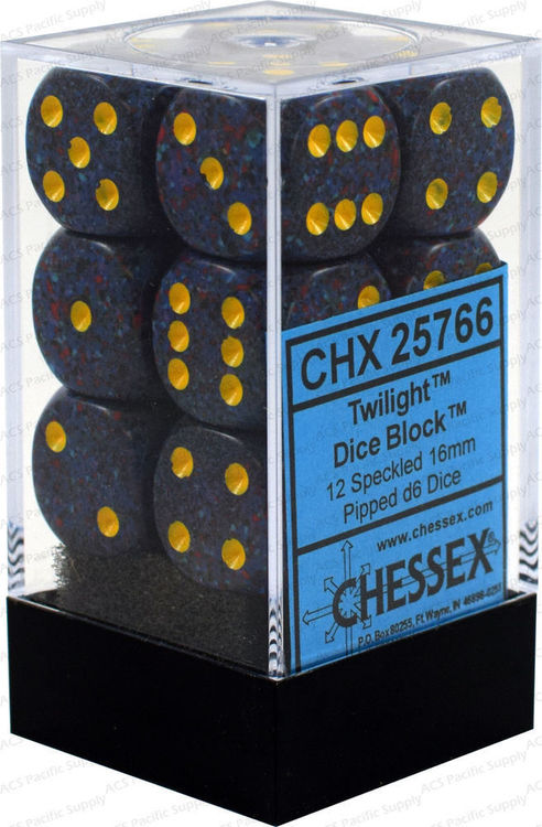 Chessex Dice - Speckled - 16mm D6 Dice Urban Twilight/Yellow Pips (12 count)