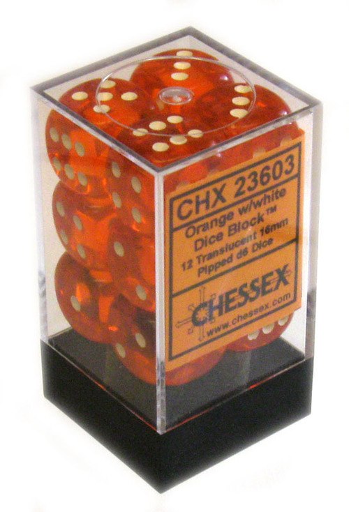 Chessex Dice - Translucent - 16mm D6 Dice Orange/White Pips (12 count)