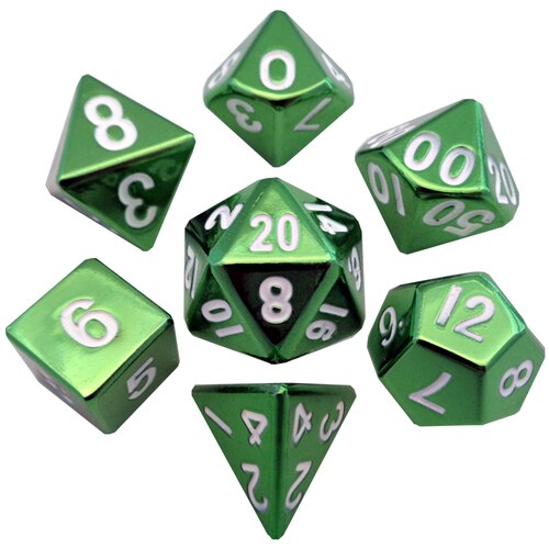 Metallic Dice Games - 16mm Green Painted Metal Polyhedral Dice  (Set of 7)